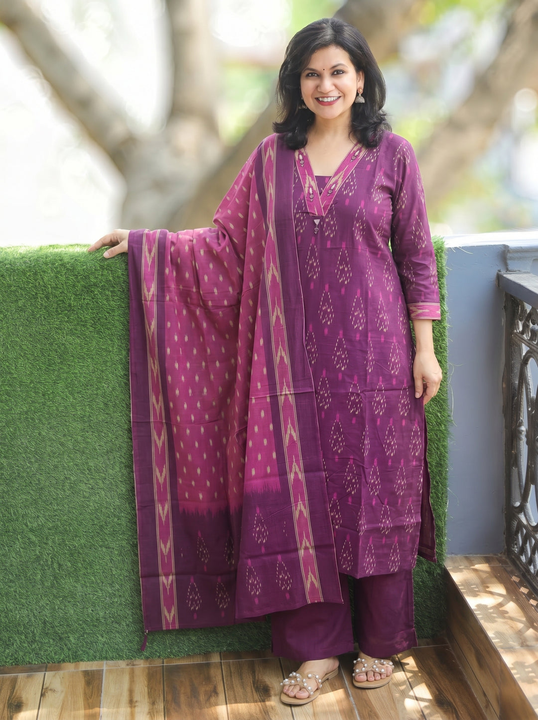 Shrivali Mulberry Purple Ikkat Cotton 3 Piece Set