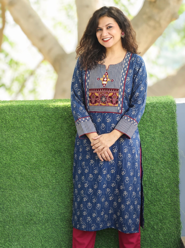 Arya Cerulean Blue Kutch Yoke Winter Twill Kurti