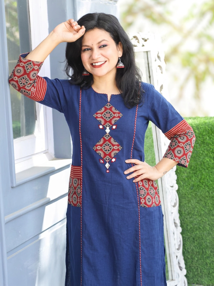 Karishma Royal Blue Ajrakh Patch with Mirror Panel Style Cotton Co-ord Set