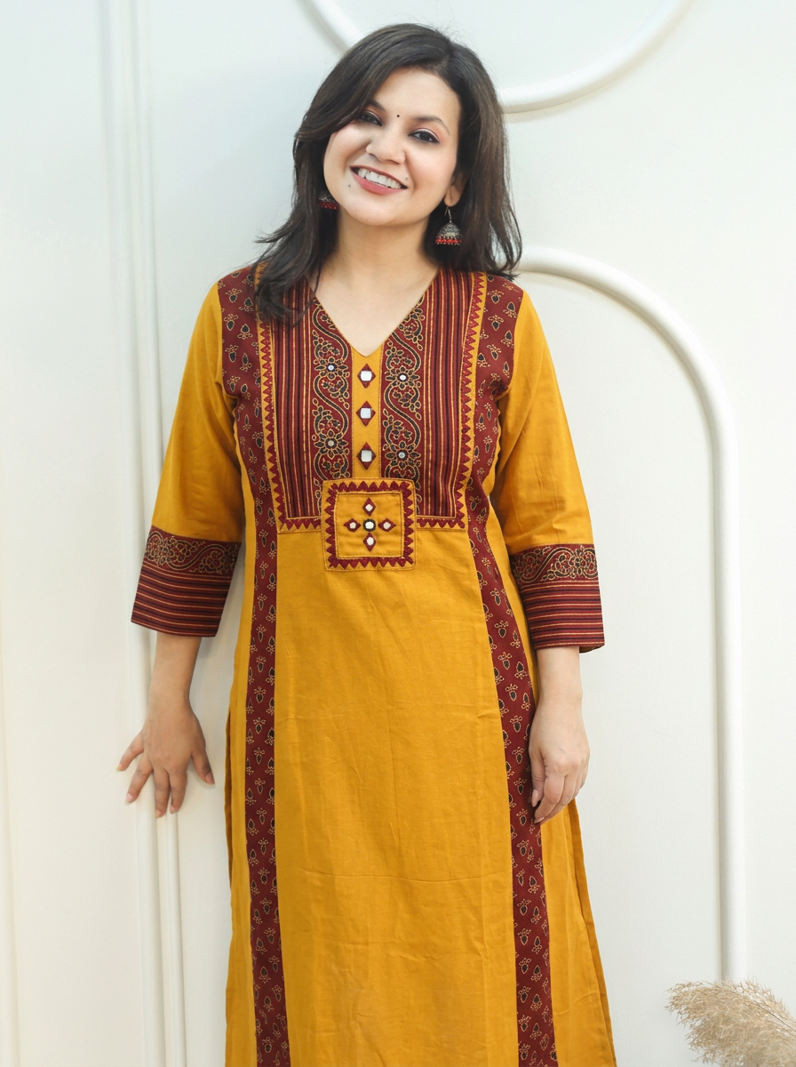 Drishti Turmeric Yellow Triple Panel Ajrak Yoke with Mirror Cotton Kurti