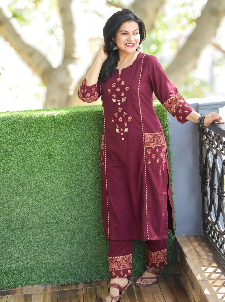 Karishma Burgundy Wine Gujjri Patch with Mirror Panel Style Cotton Co-ord Set