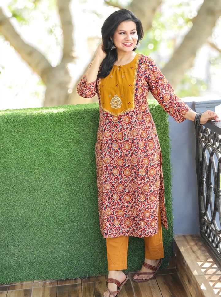 Advika Yellow Yoke with Maroon Kalamkari Print Cotton 2 Piece Set