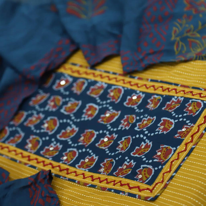 Ruhani Medallion Yellow Ajrak Cotton Top and Cotton Dupatta
