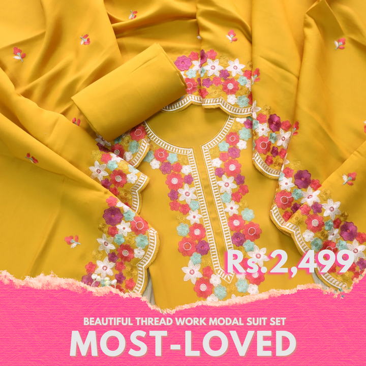 Naina Dandelion Yellow Floral Thread Embroidered Neck Modal Suit Set