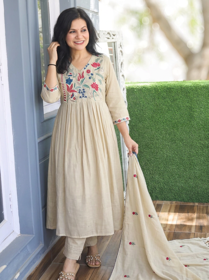 Kavya Sand Beige Embroidered Mul Chanderi 3 Piece Set