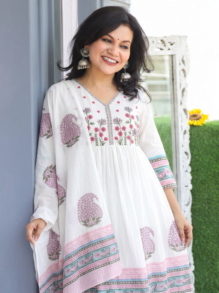 Kira White Pink Anarkali Mul Cotton 3 Piece Set