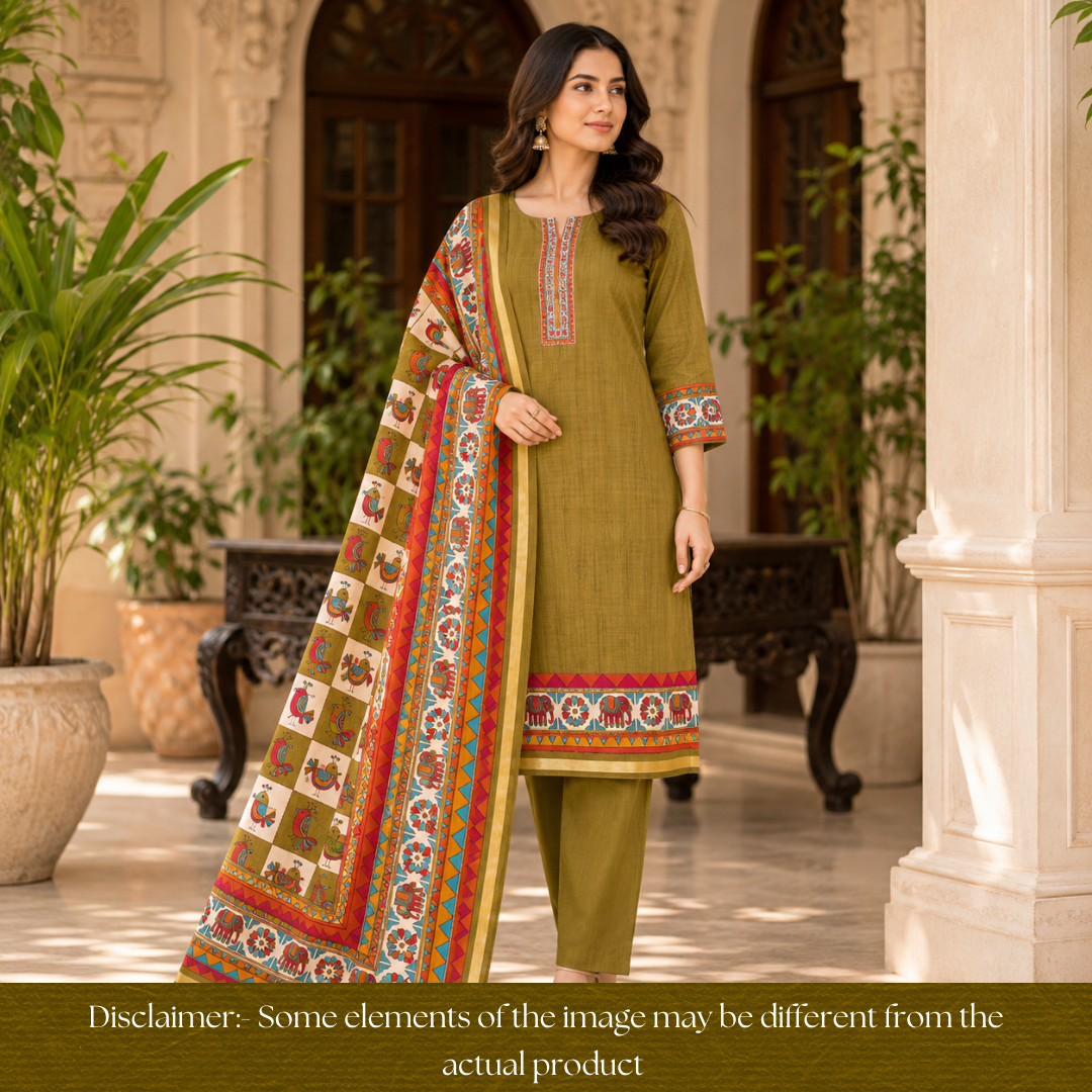 Pulvi Leaf Green Printed Hem and Dupatta Maheswari Chanderi Set