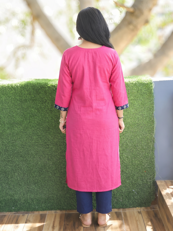 Sridevi Magenta Pink Potli with Mirror Ajrak Yoke Cotton Kurti