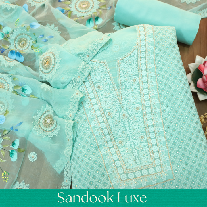 Nushrat Ocean Aqua All Over Thread Work Georgette Set