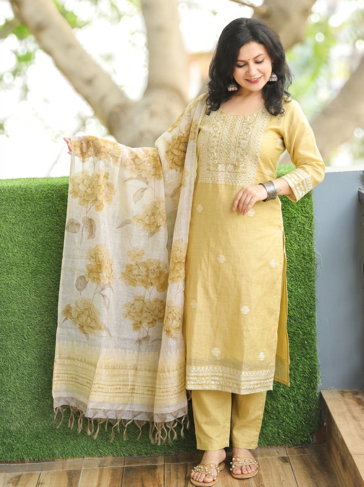 Sawbitri Butter Yellow Jamdani Weaved 3 Piece Set