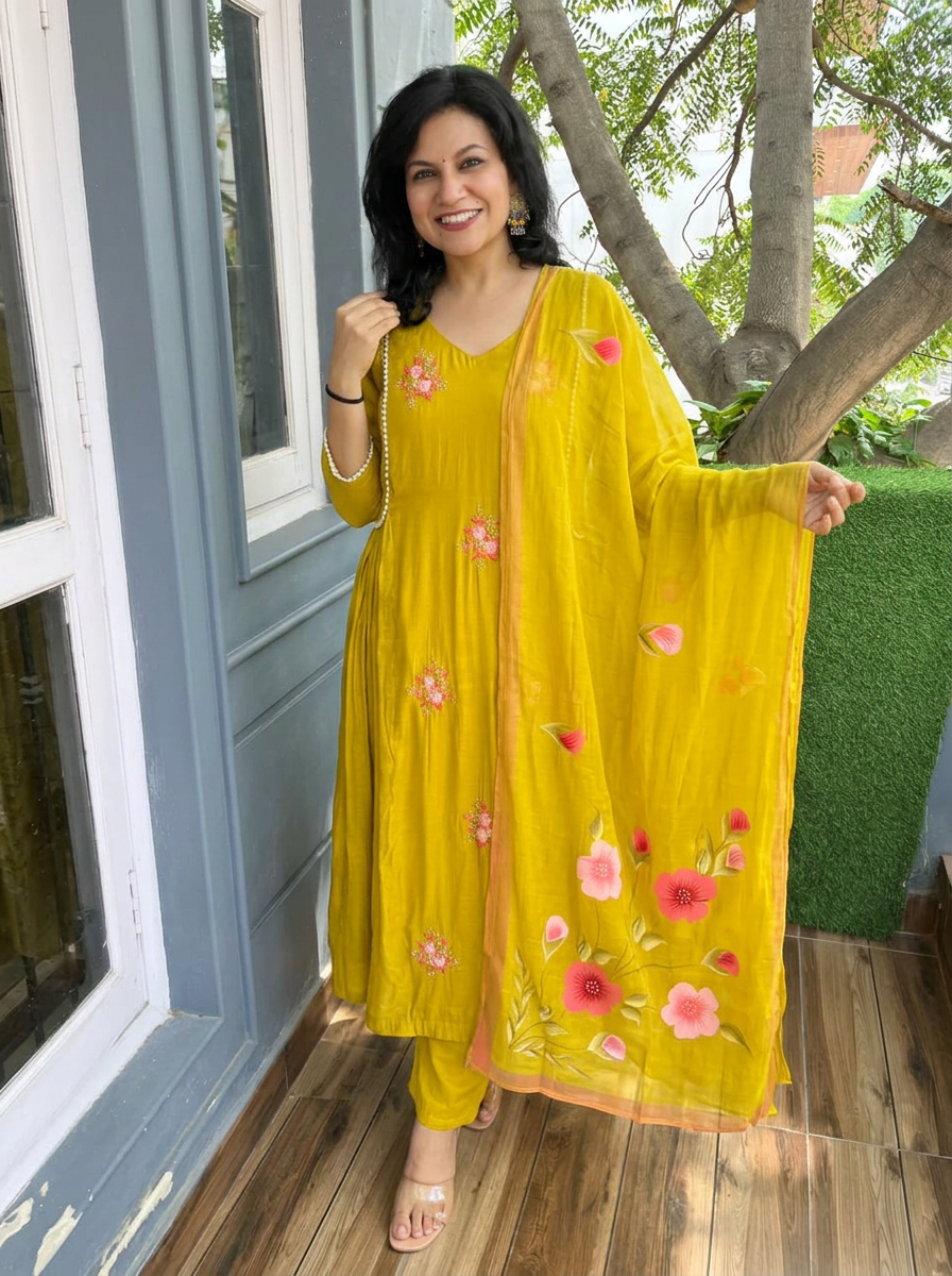 Meher Lemon Yellow Moti Kardana Work Mul Chanderi 3 Piece Set