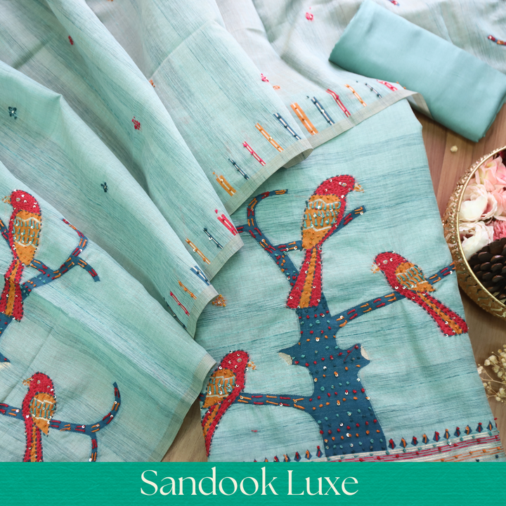 Ambarsari Blue French Knot Bird Embroidered Work Linen Set