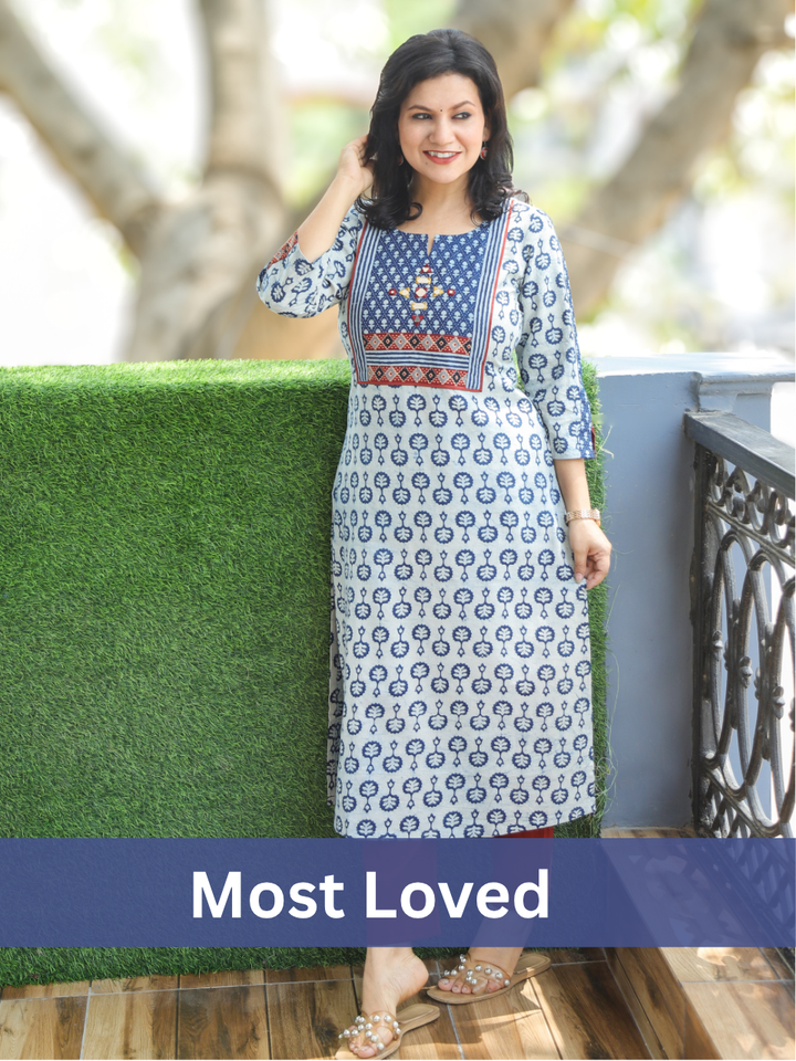 Soni Ice Blue Bel Buti Dabu Printed Cotton Kurti