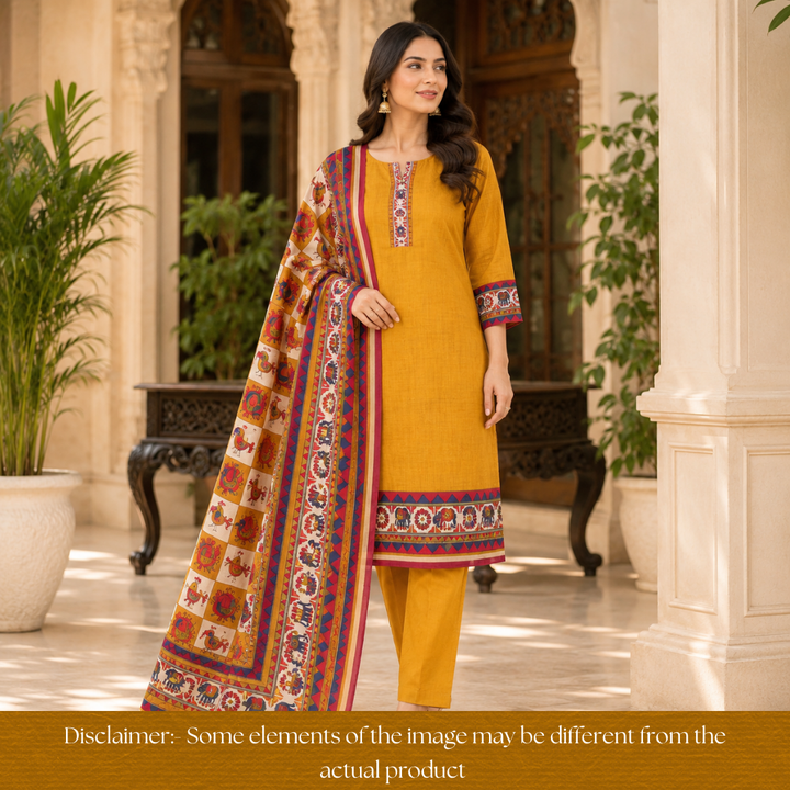 Pulvi Dijon Yellow Printed Hem and Dupatta Maheswari Chanderi Set