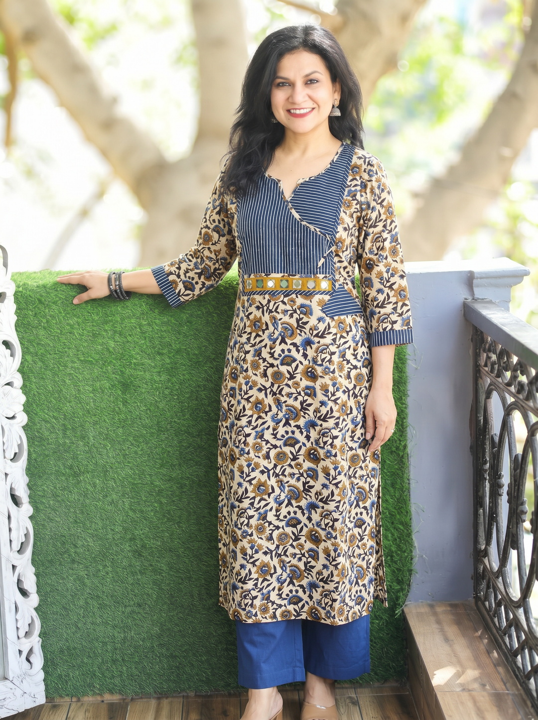 Jugni Navy Blue Stripe Angrakha Yoke Kalamkari Cotton Kurti