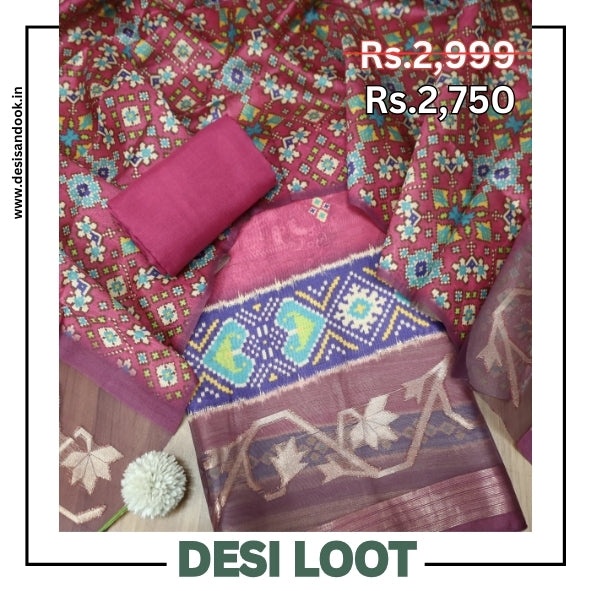 Kokila Magenta Pink Ikkat Print with Zari Detailing Korean Tussar Chanderi Set