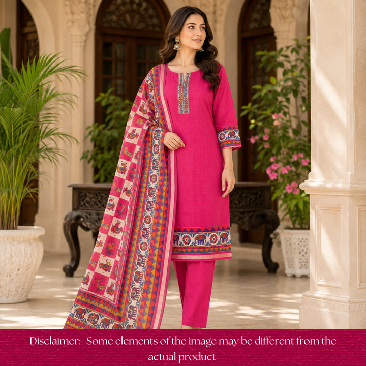 Pulvi Flamingo Pink Printed Hem and Dupatta Maheswari Chanderi Set