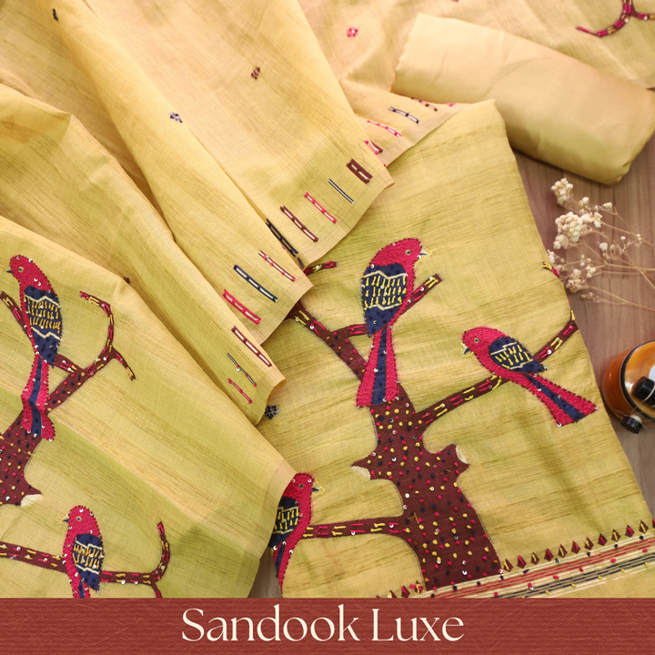 Ambarsari Yellow French Knot Bird Embroidered Work Linen Set