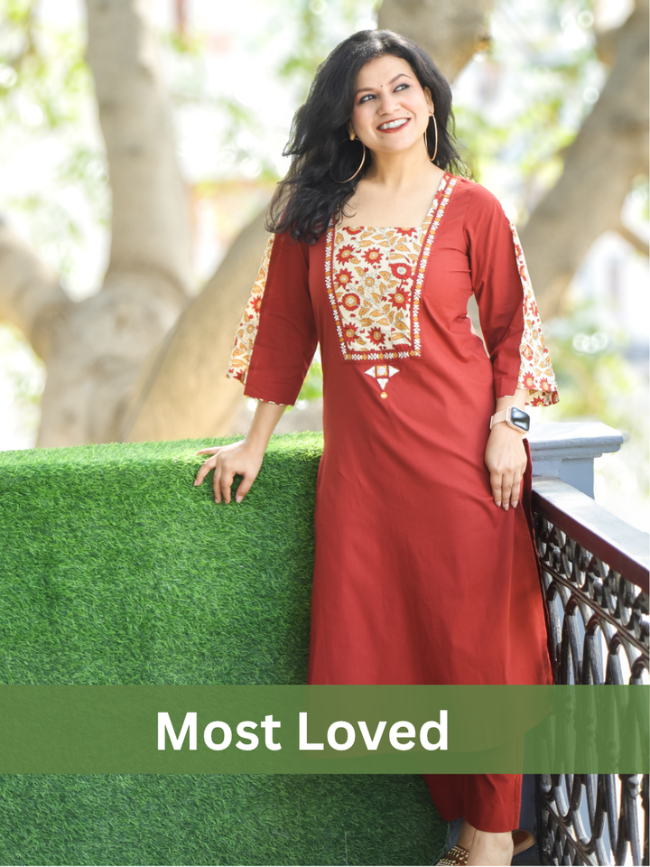 Payal Velvety Maroon with Kalamkari Printed Yoke and Mirror Work Cotton Kurti