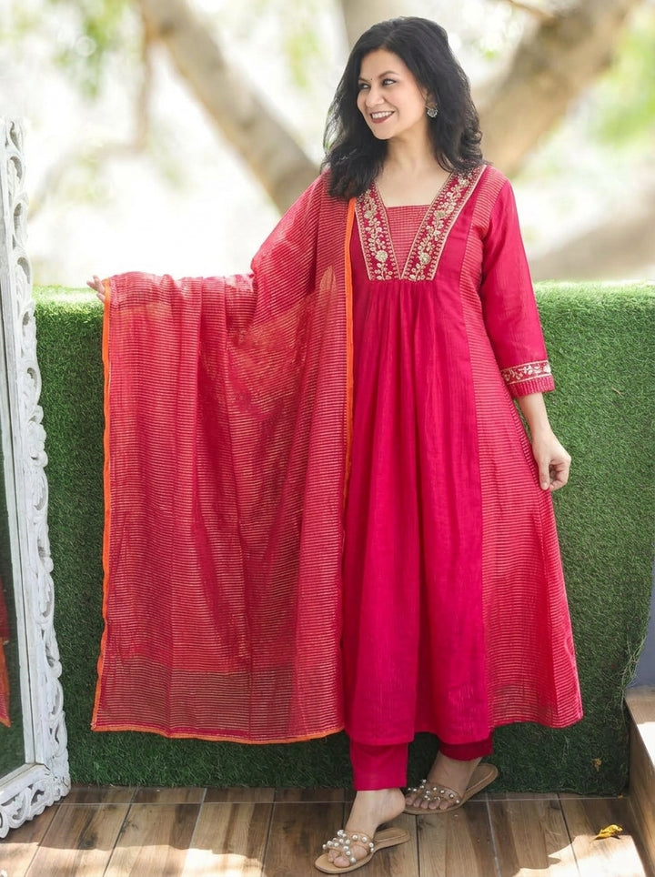 Shanya Rani Pink Embellish Panel Style Tissue Chanderi Set
