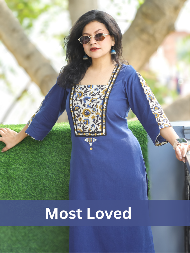Payal Navy Blue with Kalamkari Printed Yoke and Mirror Work Cotton Kurti