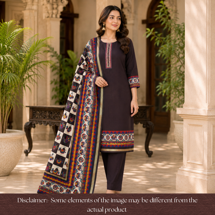 Pulvi Oil Black Printed Hem and Dupatta Maheswari Chanderi Set