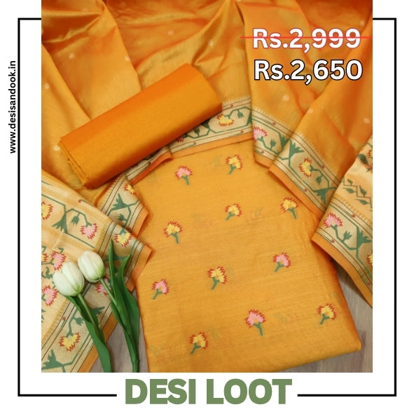 Taruni Orange Jamdani Jacquard Weaved Paithani Inspired Tussar Silk Suit Set