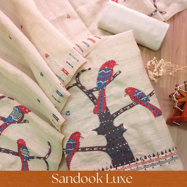 Ambarsari Beige French Knot Bird Embroidered Work Linen Set