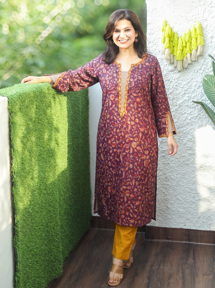 Samira Brick Wine Minimal Embroidery Kanni Print Semi Woolen Winter Kurti