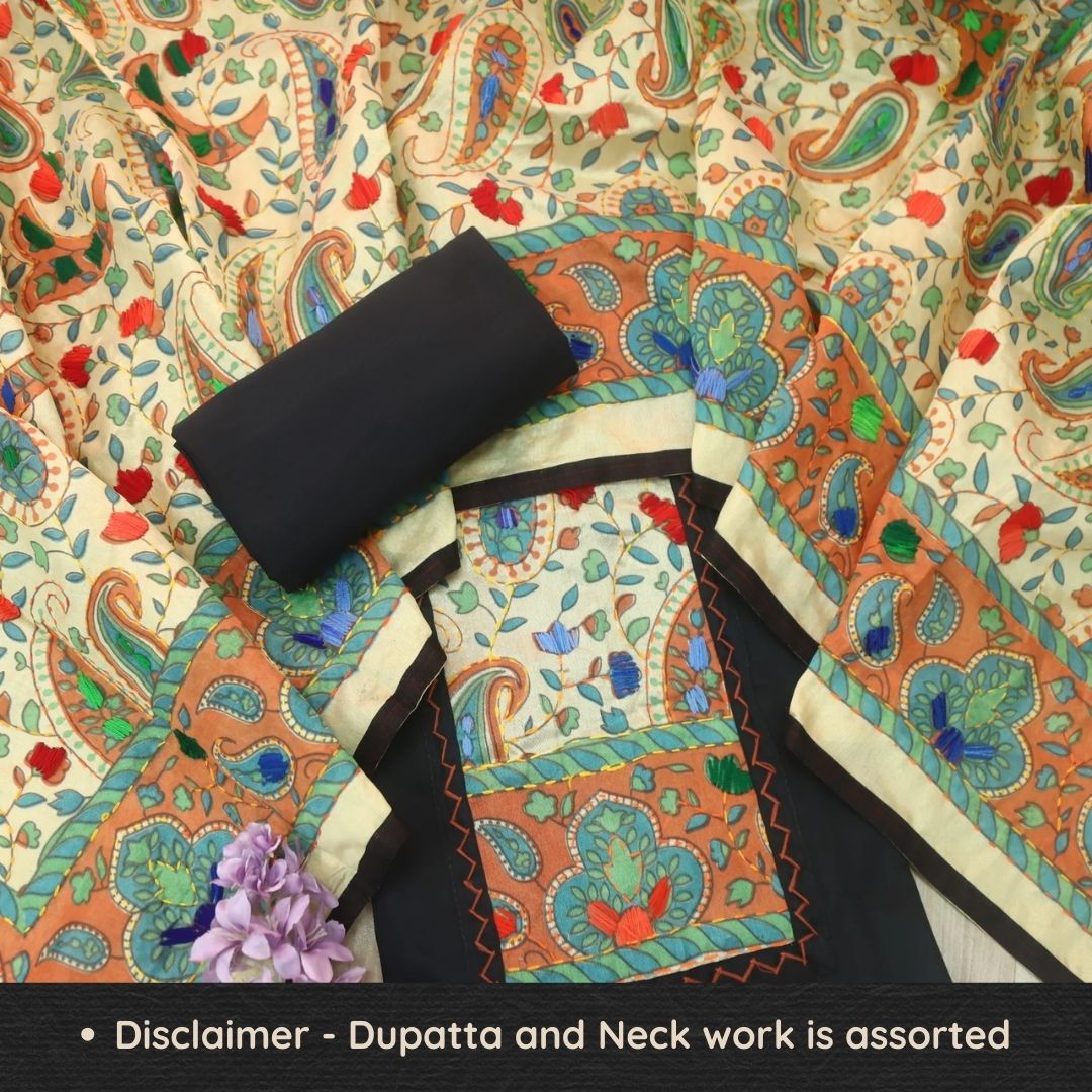 Kanya Deep Black Kantha Phulkari Fusion Work Glazed Cotton Suit Set