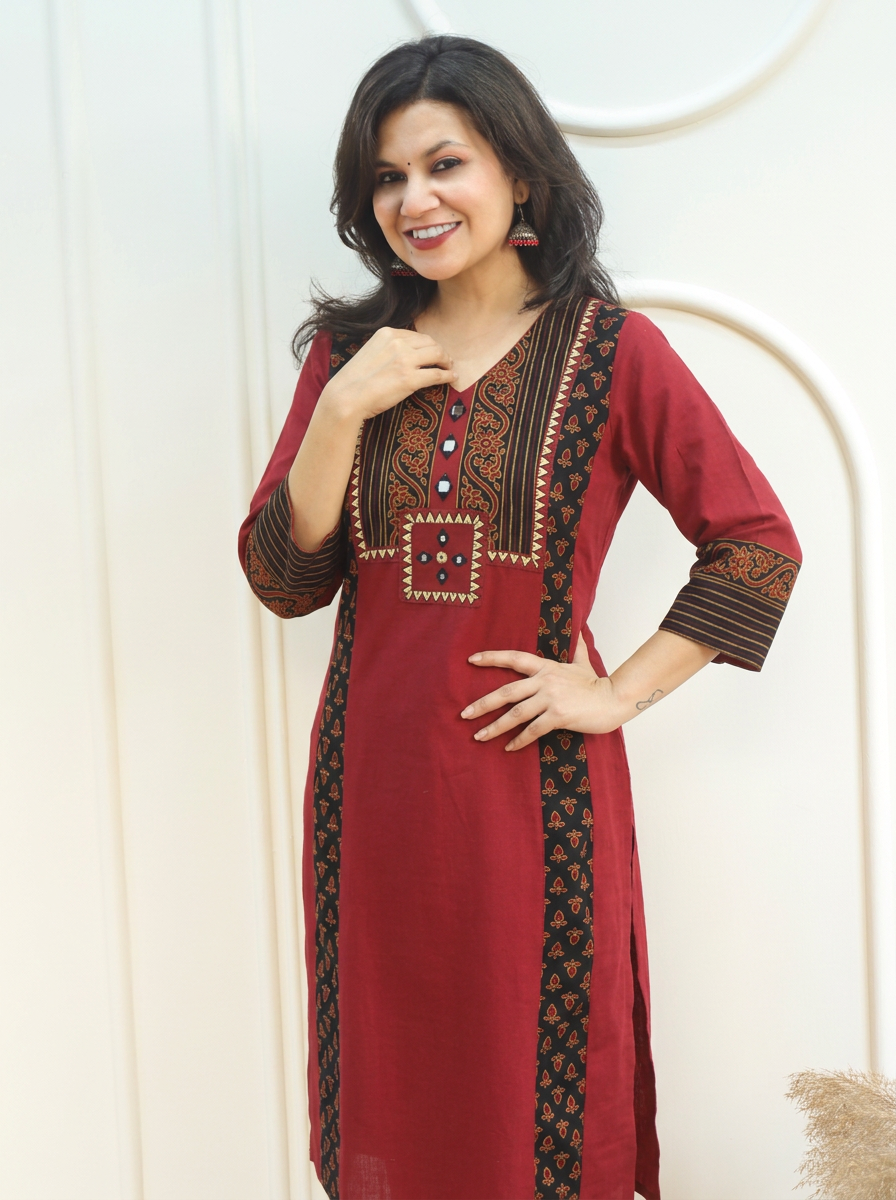 Drishti Berry Red Triple Panel Ajrak Yoke with Mirror Cotton Kurti