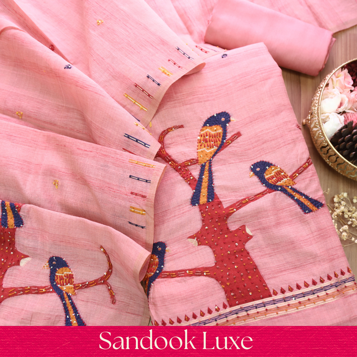 Ambarsari Pink French Knot Bird Embroidered Work Linen Set