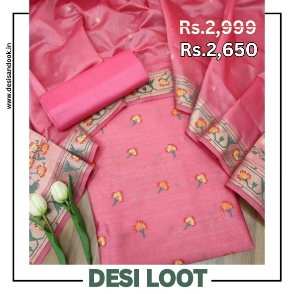 Taruni Pink Jamdani Jacquard Weaved Paithani Inspired Tussar Silk Suit Set