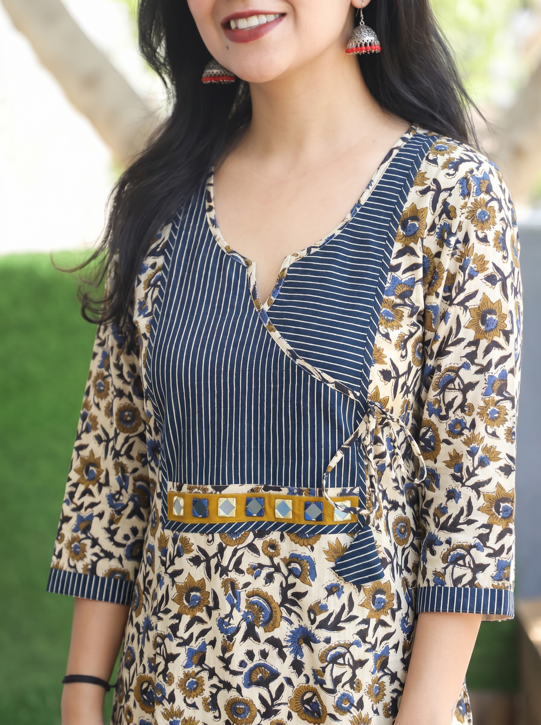 Jugni Navy Blue Stripe Angrakha Yoke Kalamkari Cotton Kurti