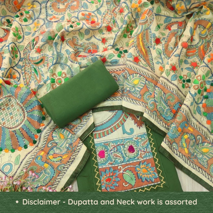 Kanya Grass Green Kantha Phulkari Fusion Work Glazed Cotton Suit Set