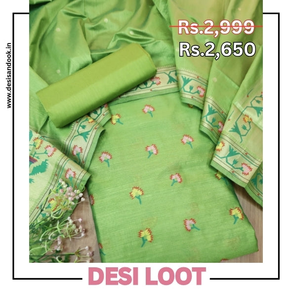Taruni Fresh Green Jamdani Jacquard Weaved Paithani Inspired Tussar Silk Suit Set