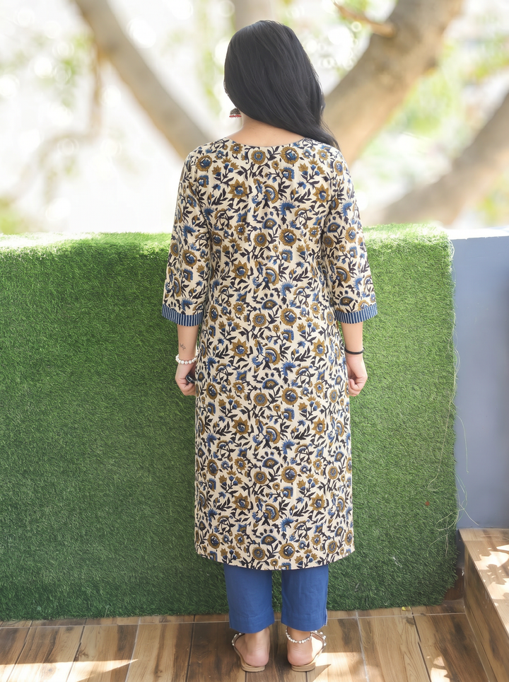 Jugni Navy Blue Stripe Angrakha Yoke Kalamkari Cotton Kurti