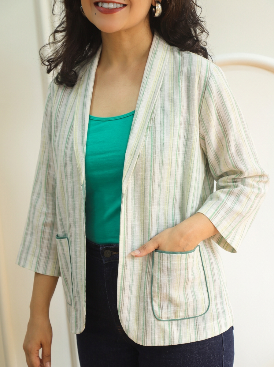 Selena White Mint Check Print Cotton Blazer
