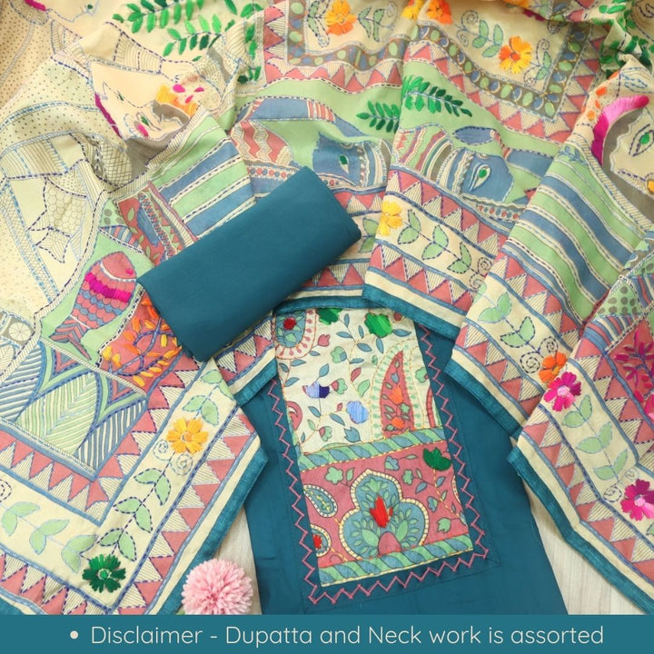 Kanya Teal Blue Kantha Phulkari Fusion Work Glazed Cotton Suit Set