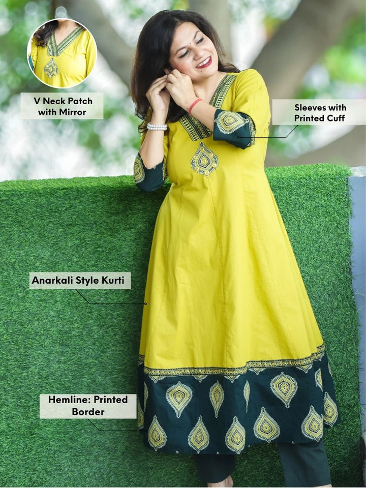 Rivaazi Lemon Yellow V Neck and Mirror Patch in Printed Hemline Anarkali Cotton Kurti