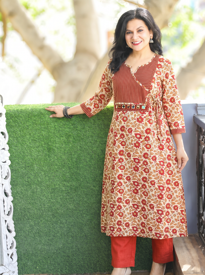 Jugni Beige Rust Stripe Angrakha Yoke Kalamkari Cotton Kurti