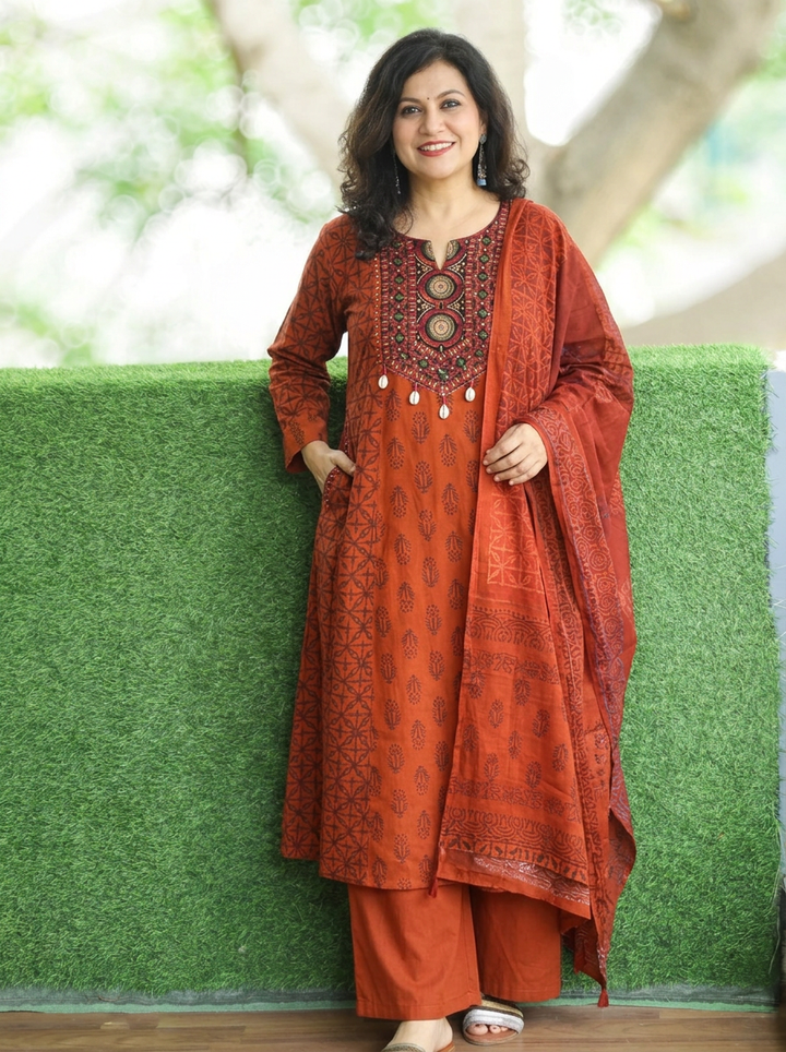 Sharmili Rust Orange Embrioidered Yoke Cotton 3 Piece Set