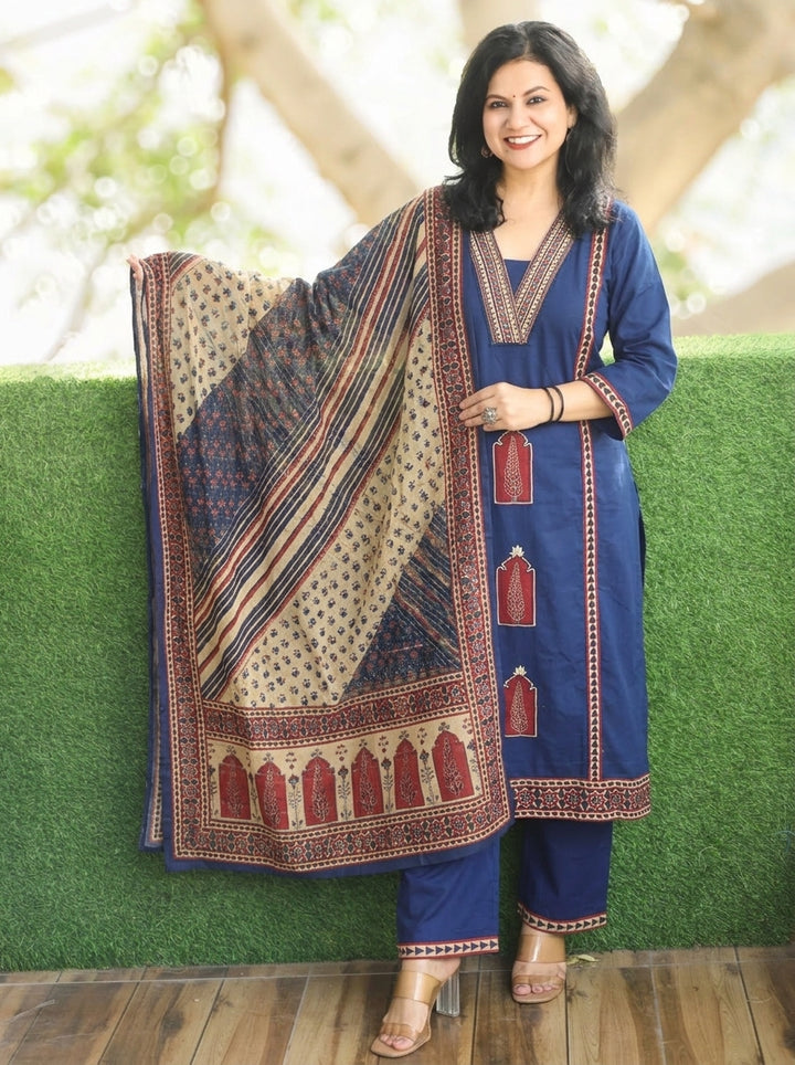 Nancy Navy Blue Mughal Cotton 3 Piece Set