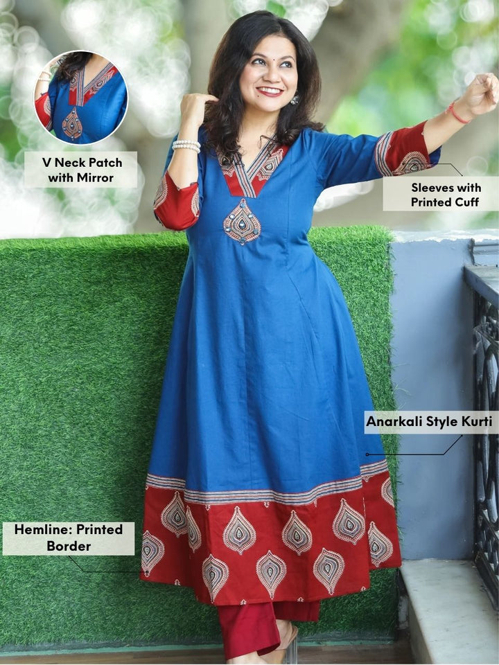 Rivaazi Denim Blue V Neck and Mirror Patch in Printed Hemline Anarkali Cotton Kurti