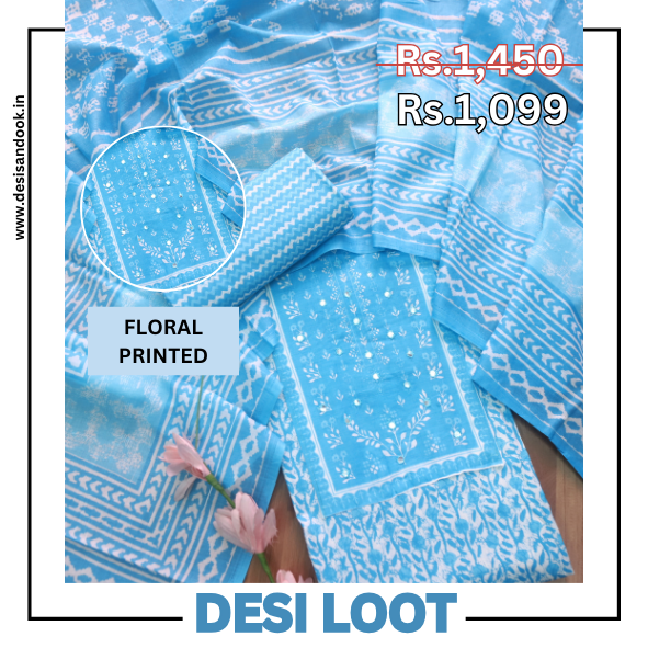 Riwa Dodger Blue Patra Detailing Floral Printed Cotton Suit Set D2