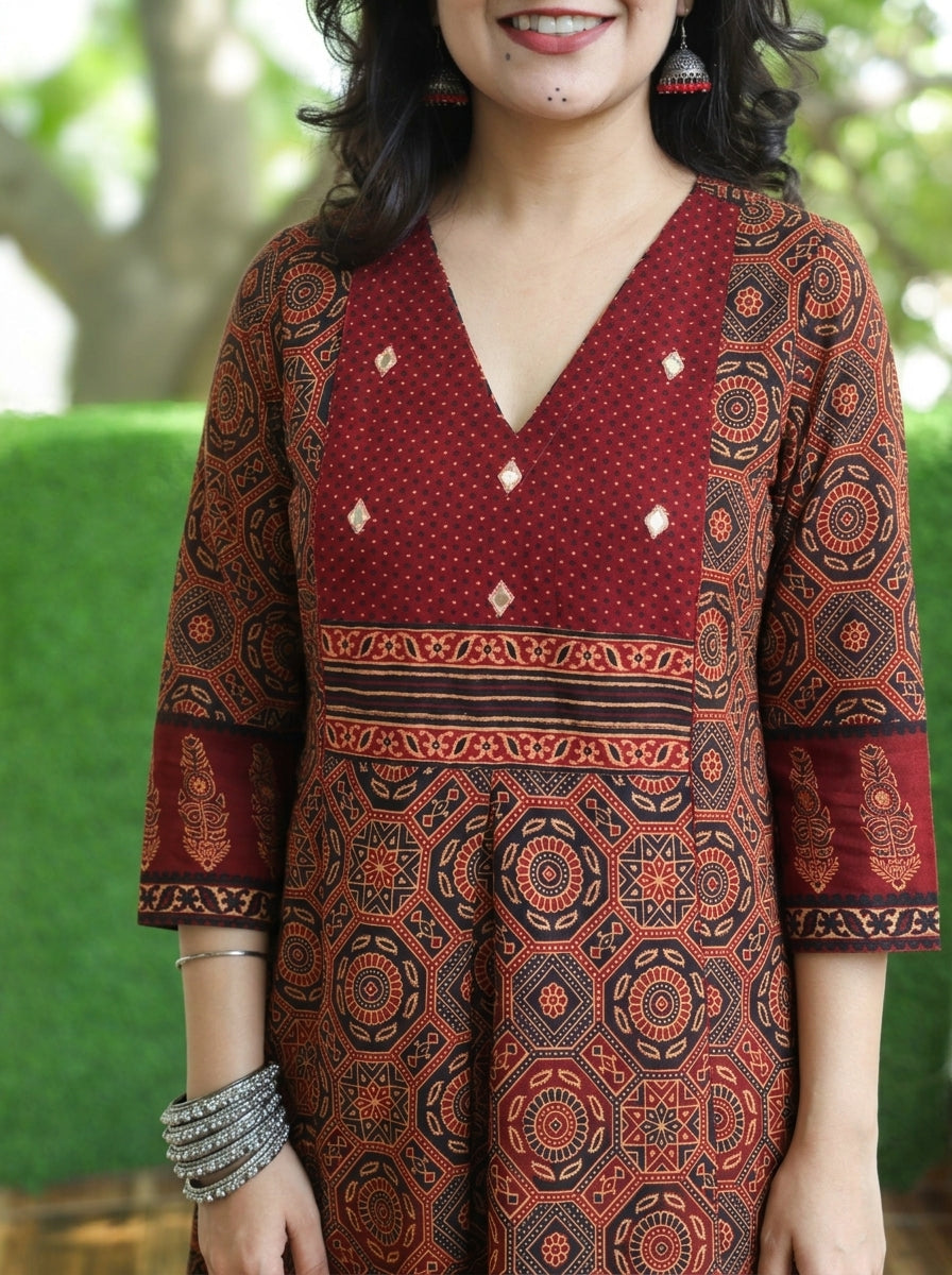Madhvi Maroon Red Ajrak Printed Panel Style Short Kurti