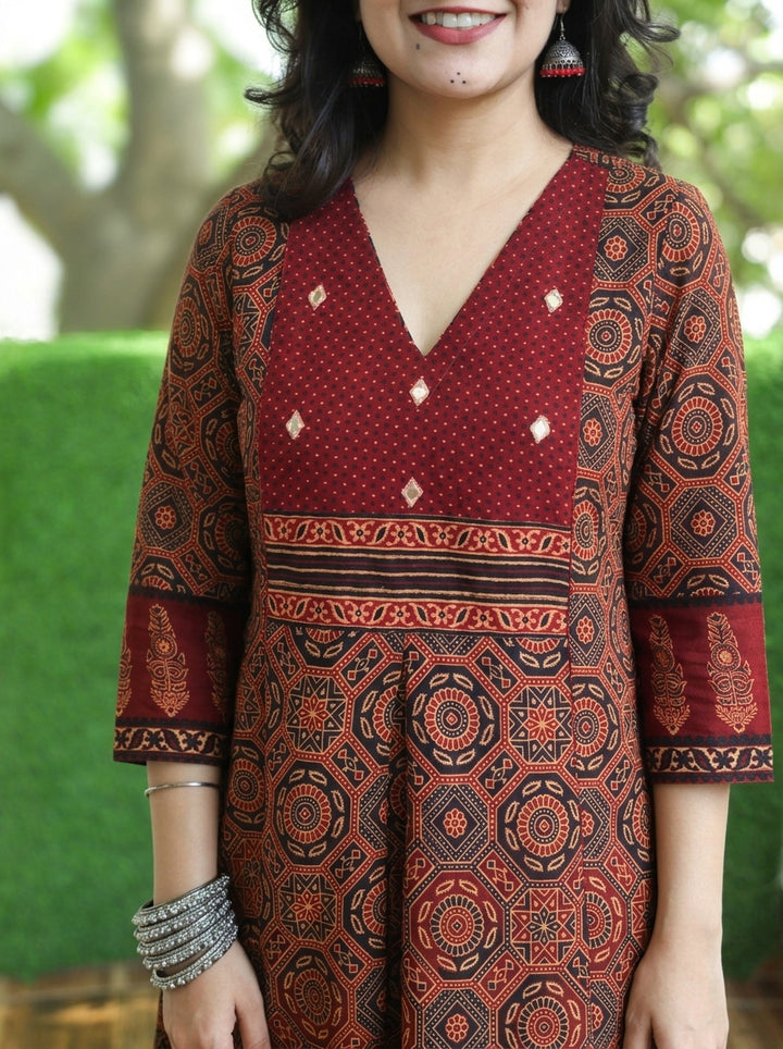 Madhvi Maroon Red Ajrak Printed Panel Style Short Kurti