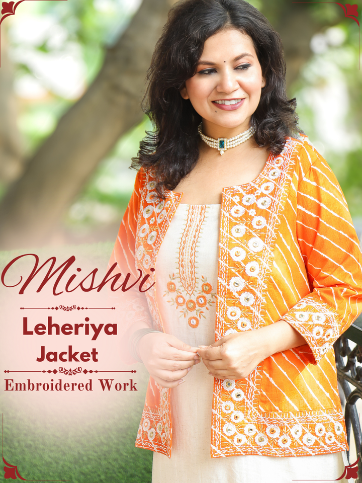 Mishvi Orange Leheriya Printed Embroidered Jacket