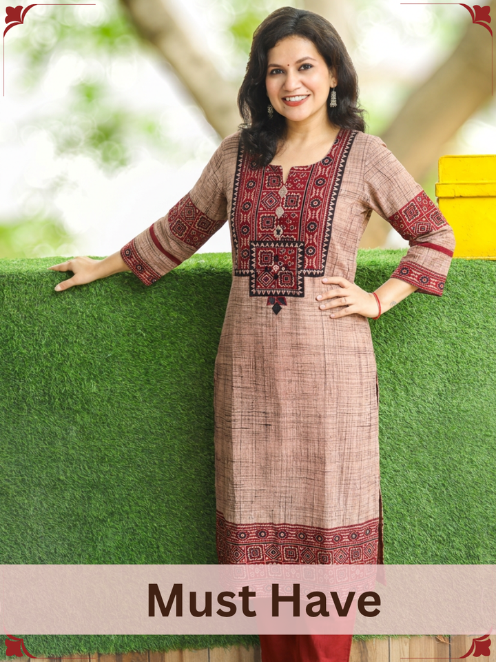 Zariya Beige Maroon Ajrakh Yoke Brush Painted Cotton Kurti