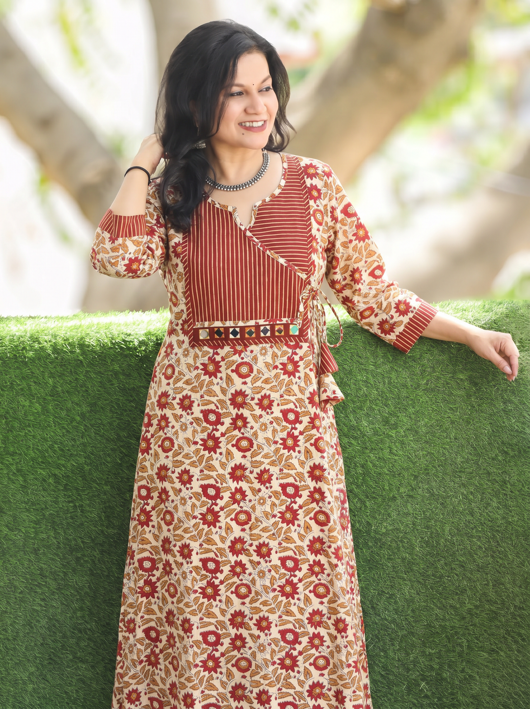 Jugni Beige Rust Stripe Angrakha Yoke Kalamkari Cotton Kurti